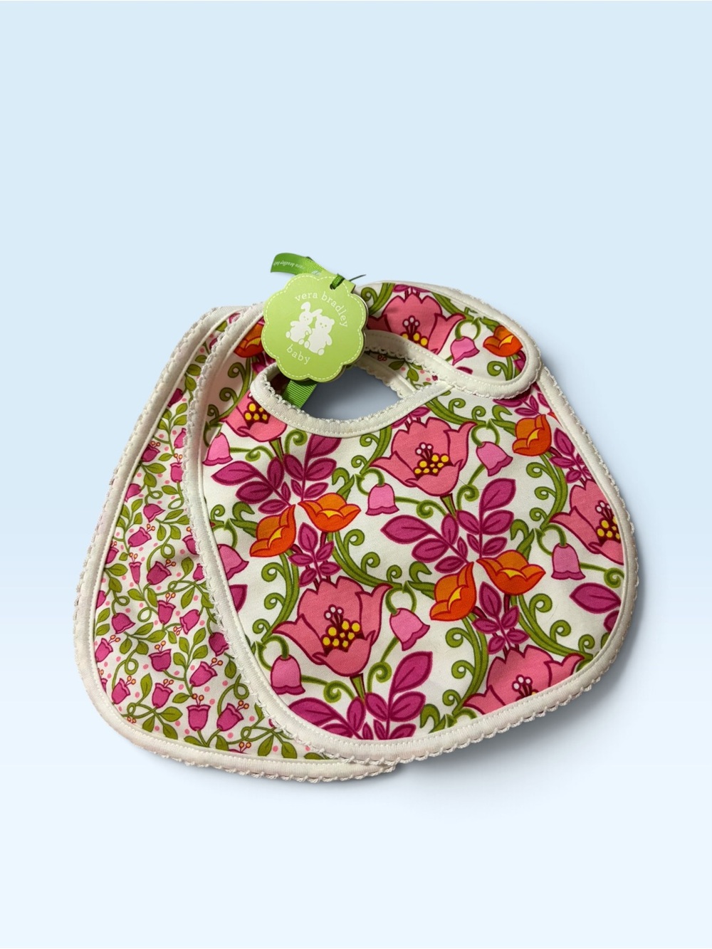 Vera Bradley Pink Floral Cotton Baby Bibs with Orange Accents